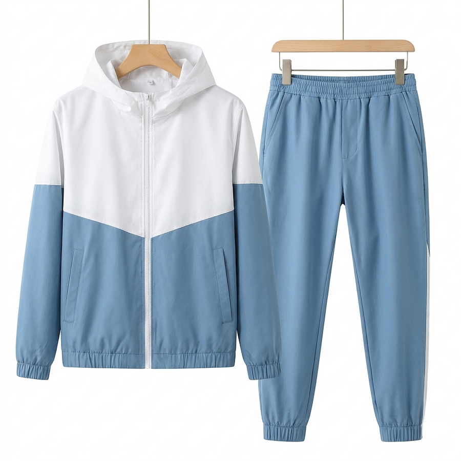 Genoa dual tone tracksuit in light blue and white, zip jacket and joggers on hangers against a white background