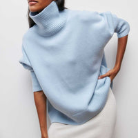 Lydia turtleneck sweater in light blue, side view showing the dropped shoulder
